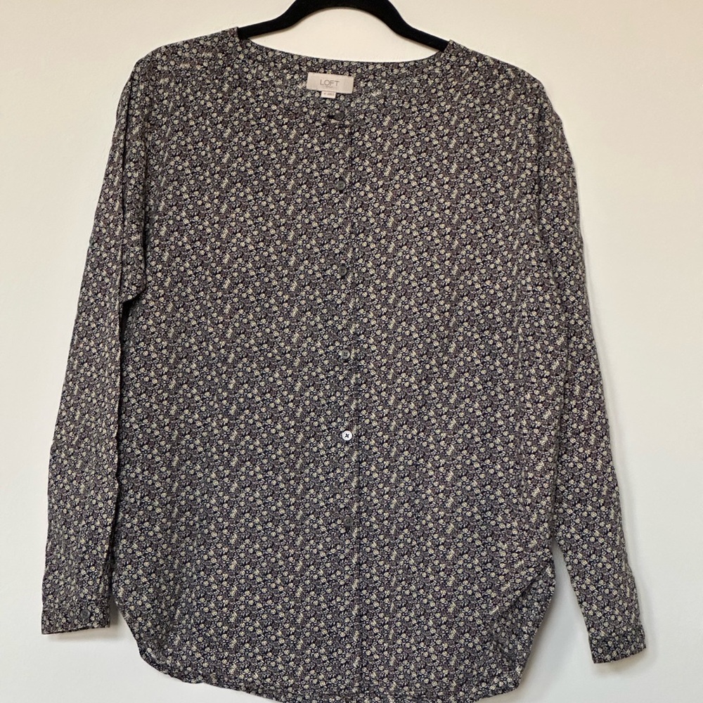 Ann Taylor LOFT Blouse Top Floral Print Long Sleeve Button Up Tunic Cotton Sz M